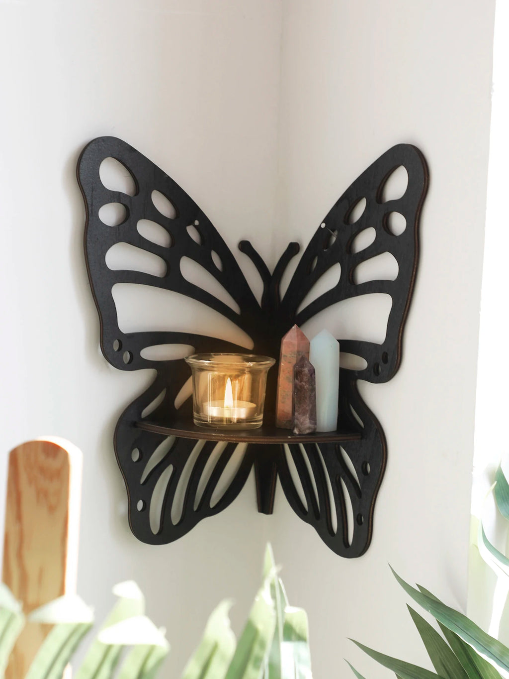 Butterfly Crystal Display Shelf Wooden Stand Corner Decoration Boho Hanging Wall Jewelry Holder Storage Organizer For Home Decor
