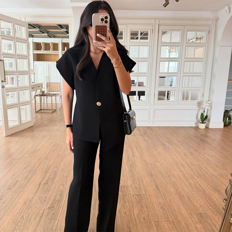 Casual Women's Trouser Suit Single Button Blazer High Waist Wide Leg Pants Lady Suits 2025 Spring Summer 2 Pieces Set Women