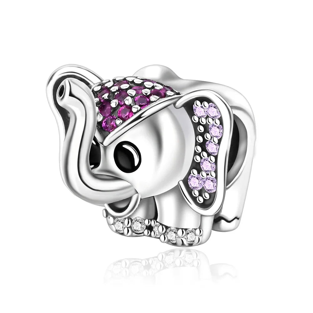 Original Lovely Elephant Purple Zircon Charms Beads 925 Sterling Silver Fit Bracelet Jewelry Diy Woman's Gift Necklace Accessory