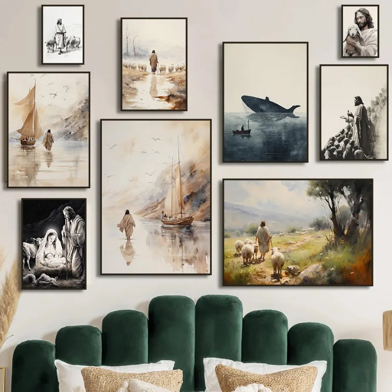 Jesus Walks on Water Christian Good Shepherd Art Poster Bible Watercolor Canvas Painting  Living Room Home Decor Cuadros