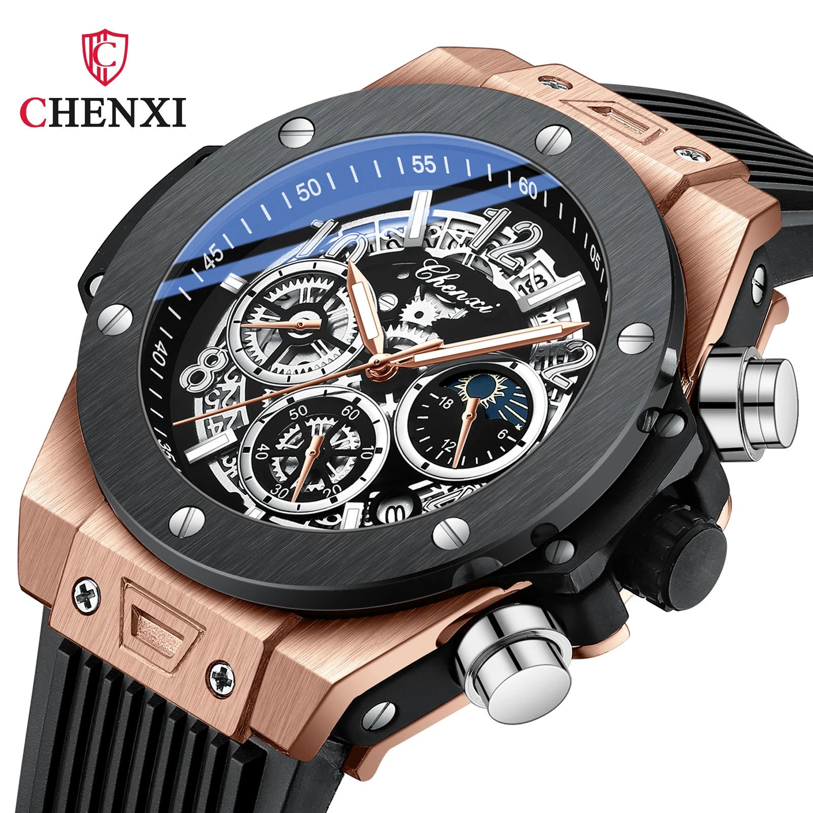CHENXI Fashion Silicone Sports Military Watch Men Multifunctional Waterproof Luminous Quartz Starry Lunar Phases Watches for Men