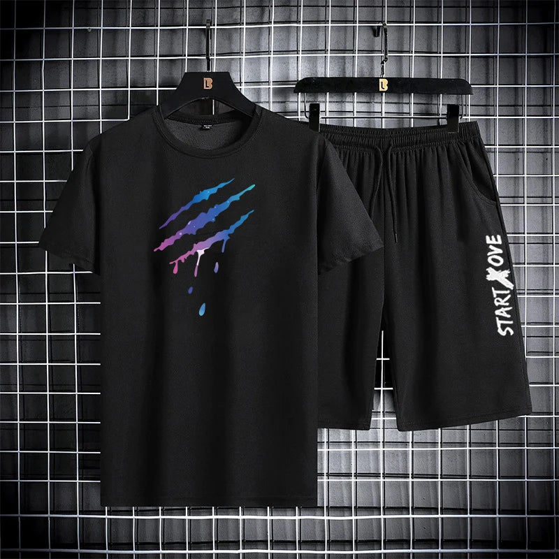 2025 Summer Thin Casual Quick Drying Two Piece Set  Men's set sports outdoor running Short Sleeve T shirt +Shorts Tracksuit Sets