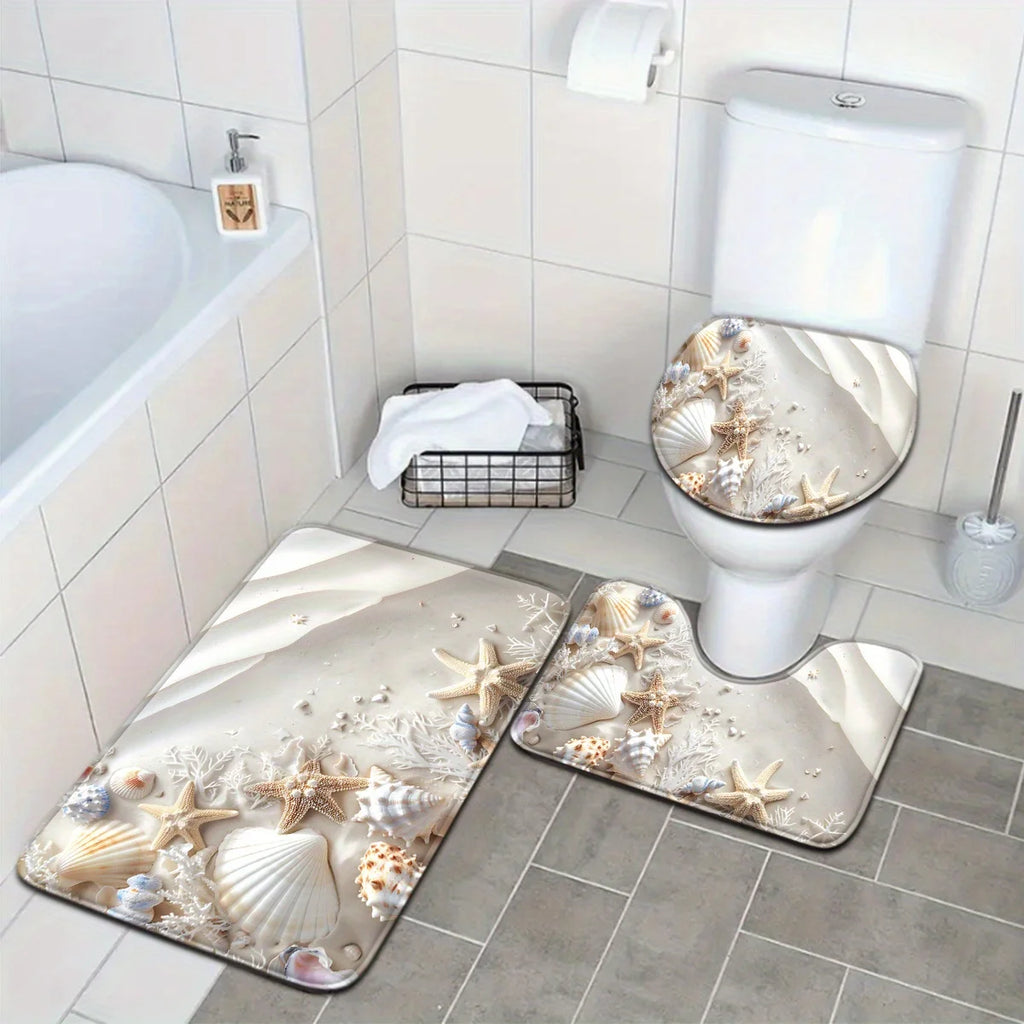Sea Star and Shell Bathroom Set - Soft Non Slip Contour Mat, Toilet Lid, and Bath Mat, Suitable for Beach Style Home Decor