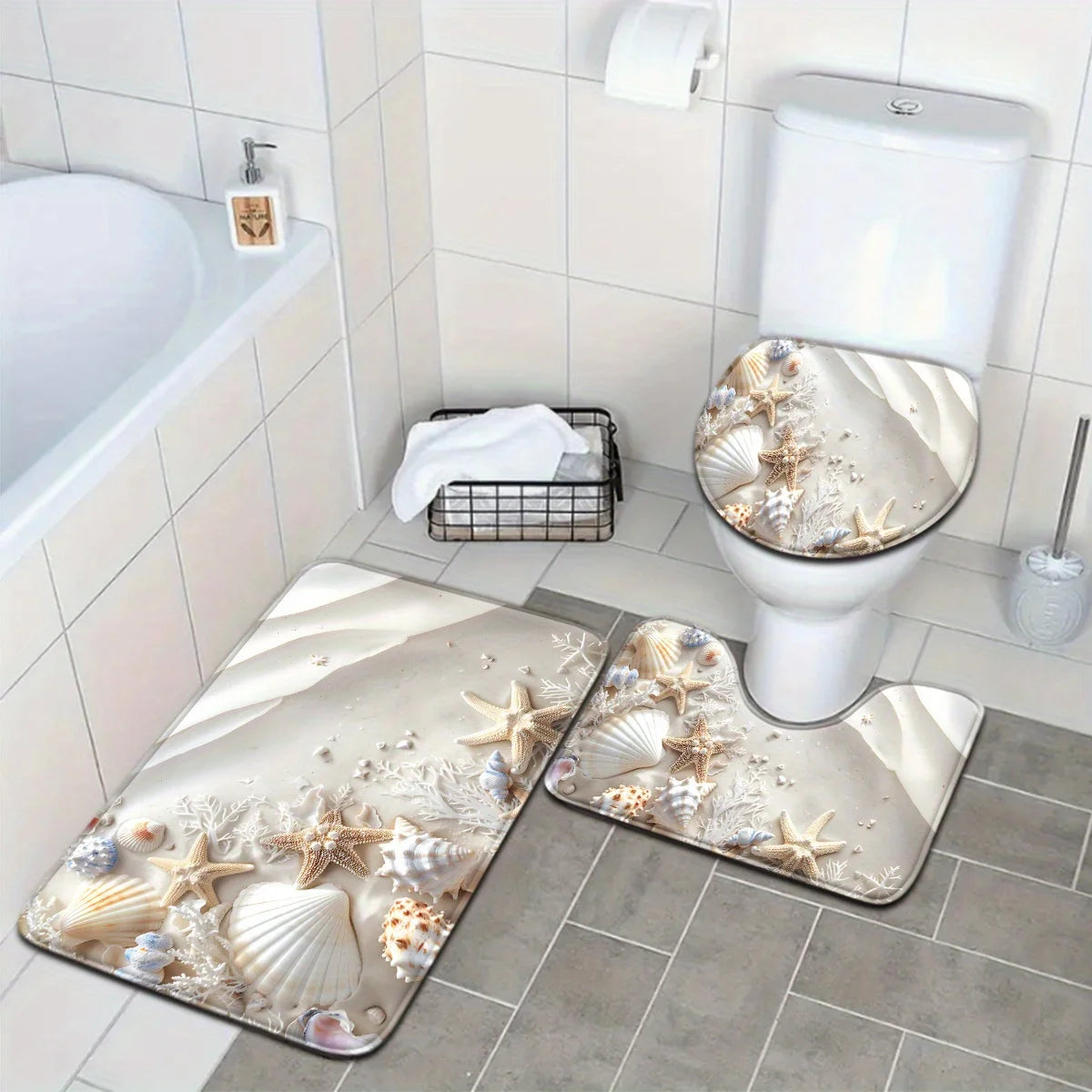 Sea Star and Shell Bathroom Set - Soft Non Slip Contour Mat, Toilet Lid, and Bath Mat, Suitable for Beach Style Home Decor