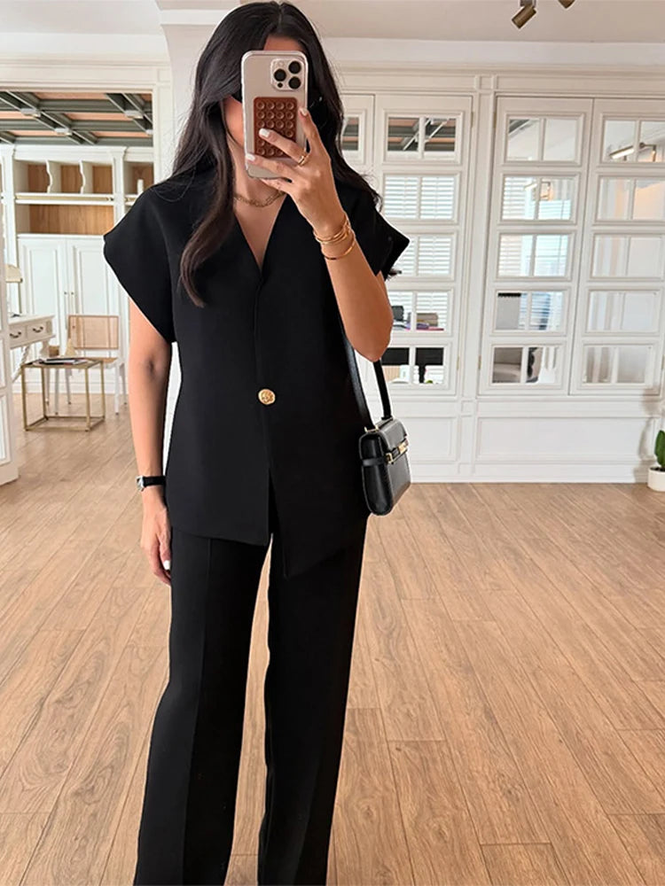 Casual Women's Trouser Suit Single Button Blazer High Waist Wide Leg Pants Lady Suits 2025 Spring Summer 2 Pieces Set Women