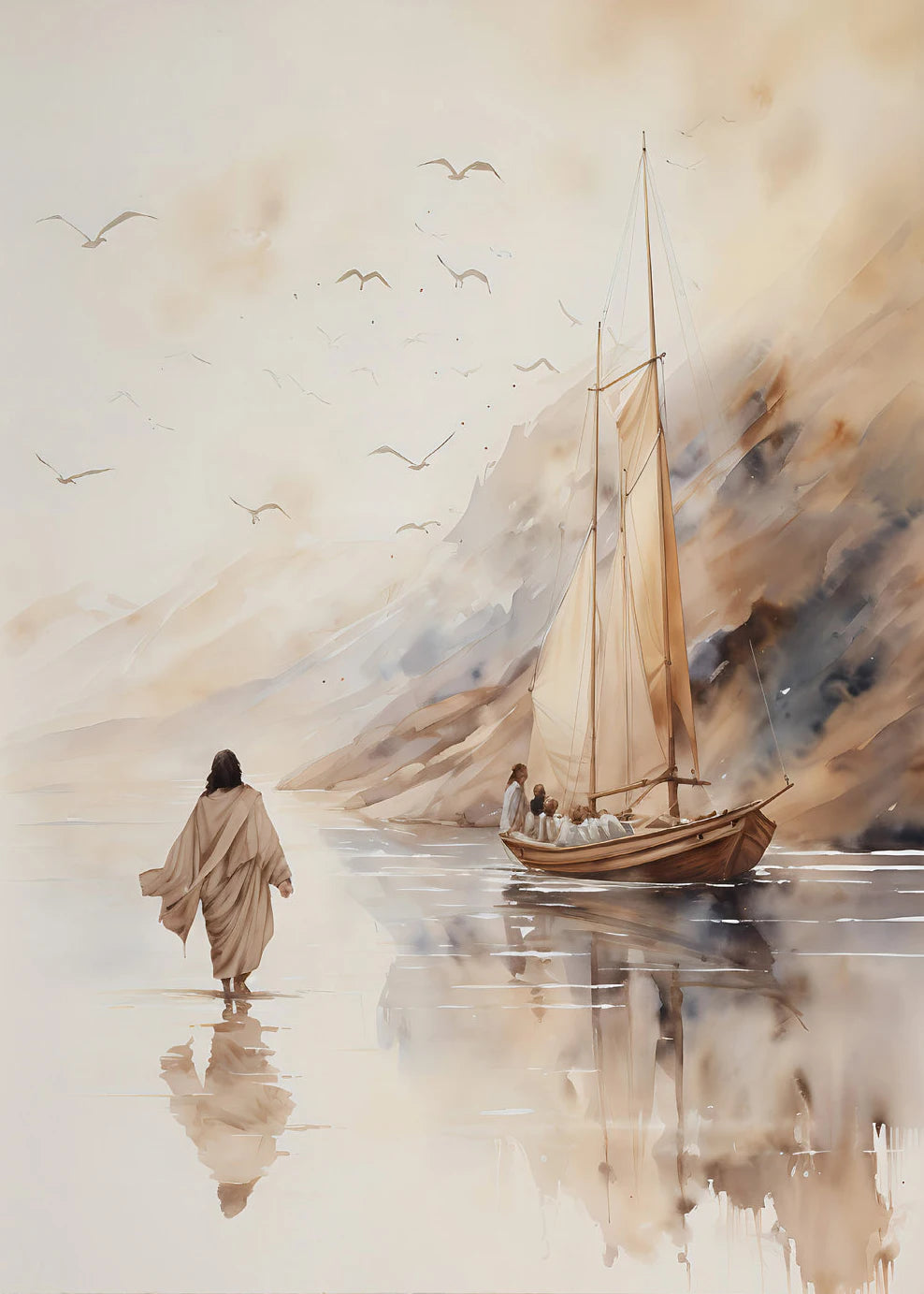 Jesus Walks on Water Christian Good Shepherd Art Poster Bible Watercolor Canvas Painting  Living Room Home Decor Cuadros
