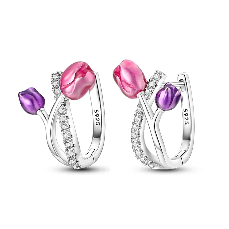 Fashion Spring Series Earrings For Women 925 Silver Color Butterfly Dragonfly Flower Heart Shaped Ear Studs Fine Jewelry Couple