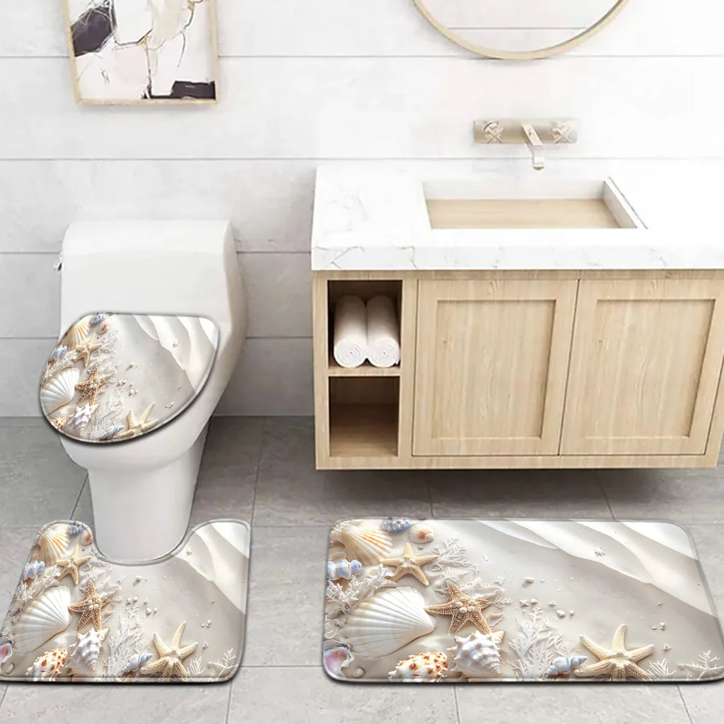 Sea Star and Shell Bathroom Set - Soft Non Slip Contour Mat, Toilet Lid, and Bath Mat, Suitable for Beach Style Home Decor