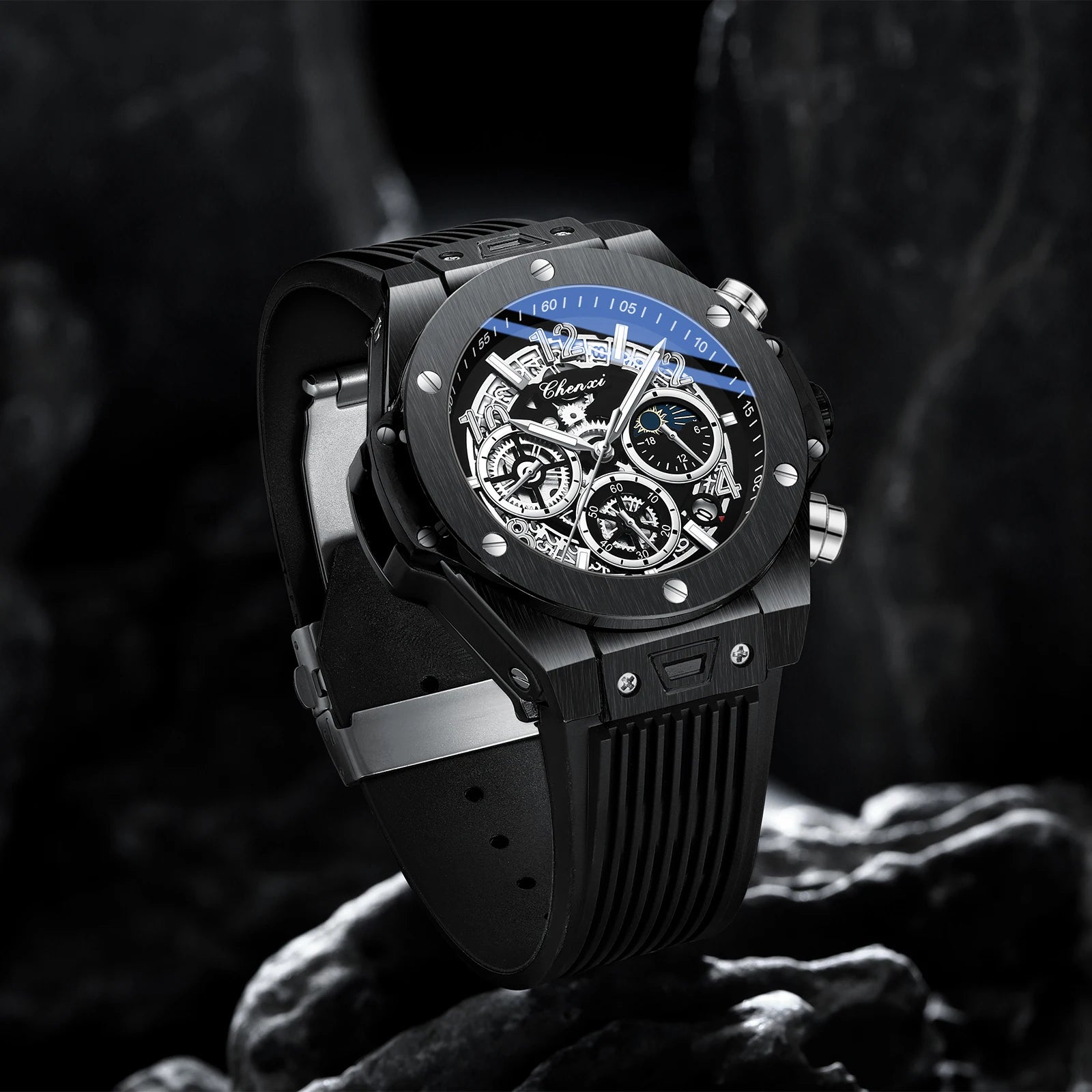 CHENXI Fashion Silicone Sports Military Watch Men Multifunctional Waterproof Luminous Quartz Starry Lunar Phases Watches for Men