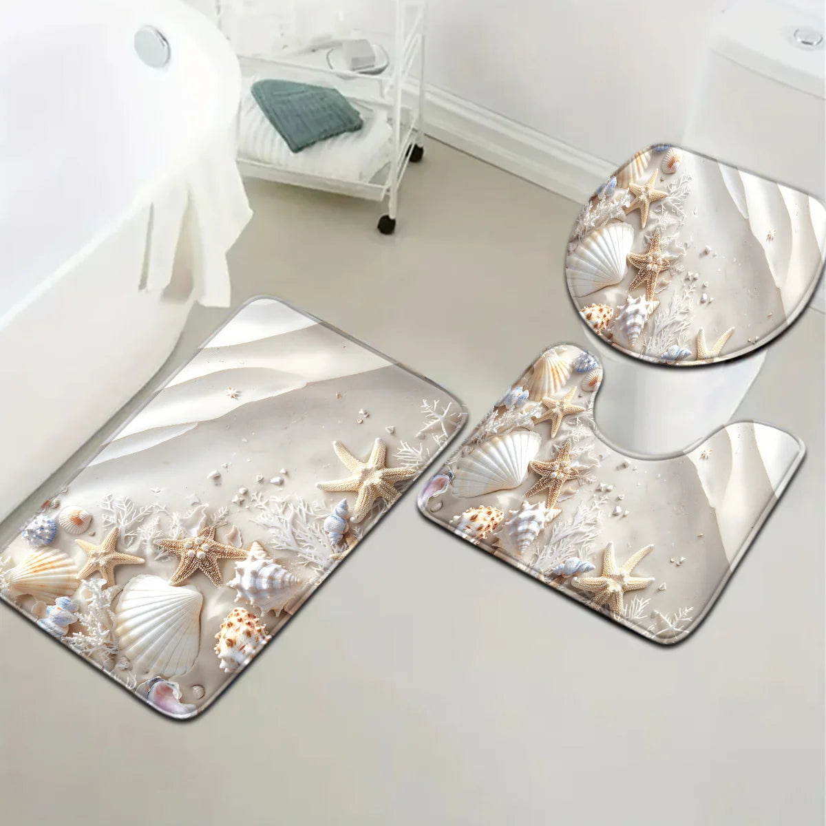 Sea Star and Shell Bathroom Set - Soft Non Slip Contour Mat, Toilet Lid, and Bath Mat, Suitable for Beach Style Home Decor
