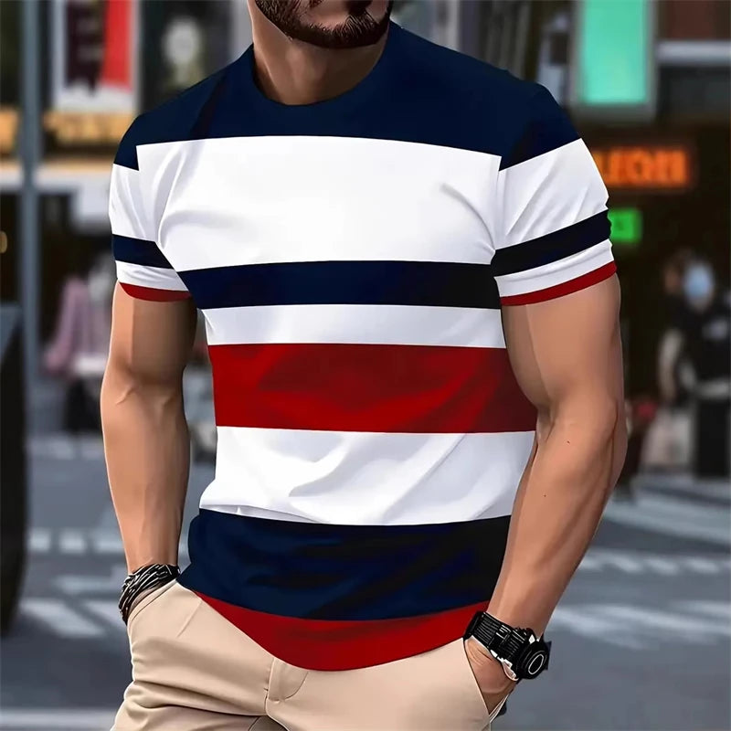 Fashion Simple Wide Stripes T Shirts For Men Summer Casual 3D Printed Contrasting Colors polyester T-shirts StreetwearTops Tees